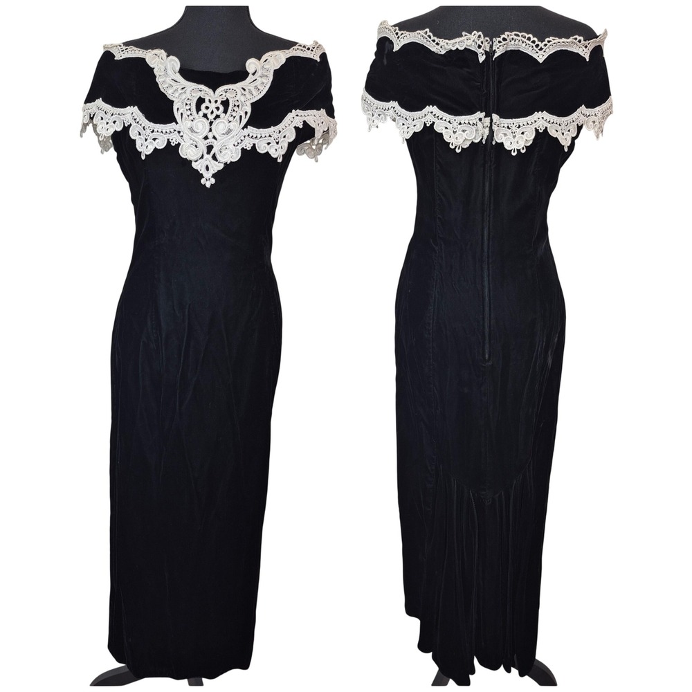 Vintage Jessica McClintock Black Velvet Lace Maxi Dress Off Shoulder Goth